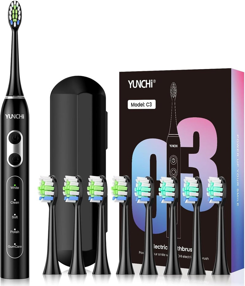 YUNCHI Electric Toothbrush Birthday/Valentine Plastic 8 Dupont Heads 24-Mo Deep Cleans Gentle Gums Removes Stains 3Hr USB-C 90d 2-Min Timer/30s IPX7 - Black - Image 1